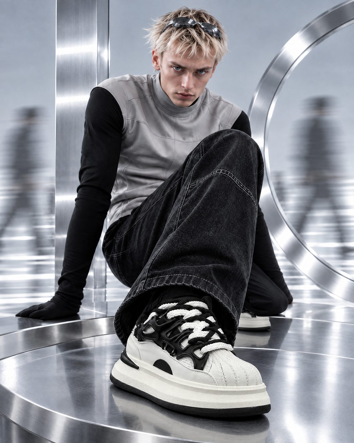 FUTURE MEMORY FM-006 男性モデル着用 ローアングル着座 WHITE × BLACK / 7CM LIFT
