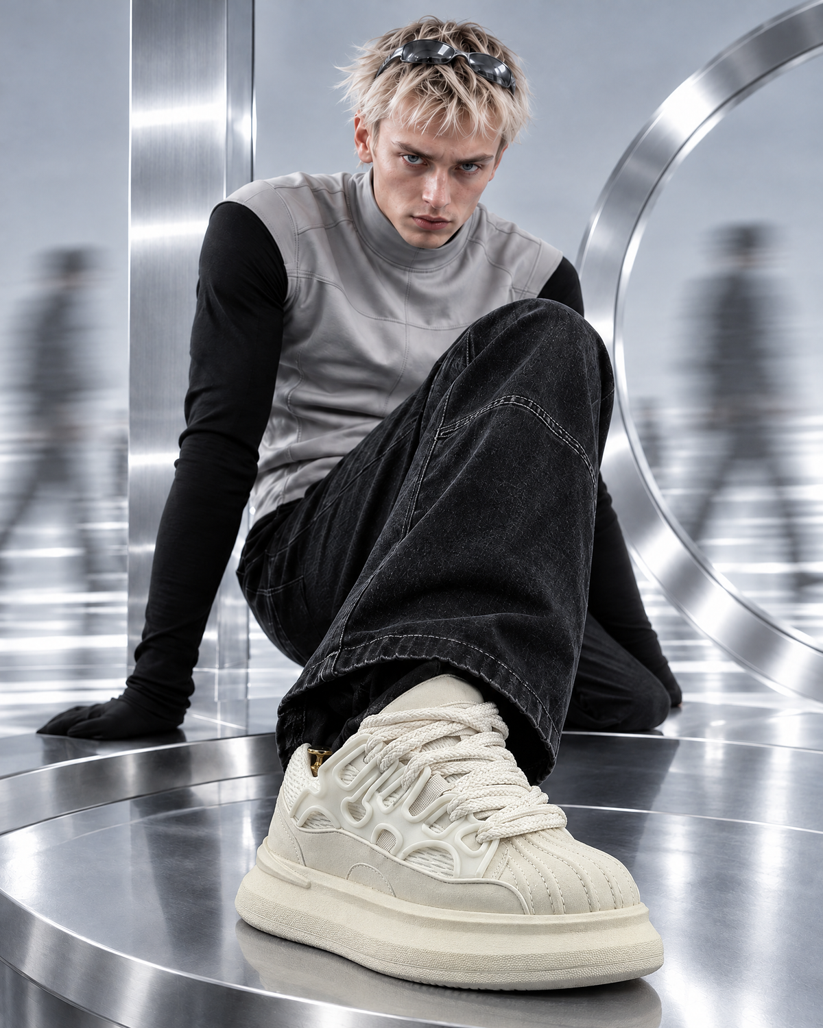 FUTURE MEMORY FM-006 男性モデル着用 ローアングル着座 BEIGE / 7CM LIFT