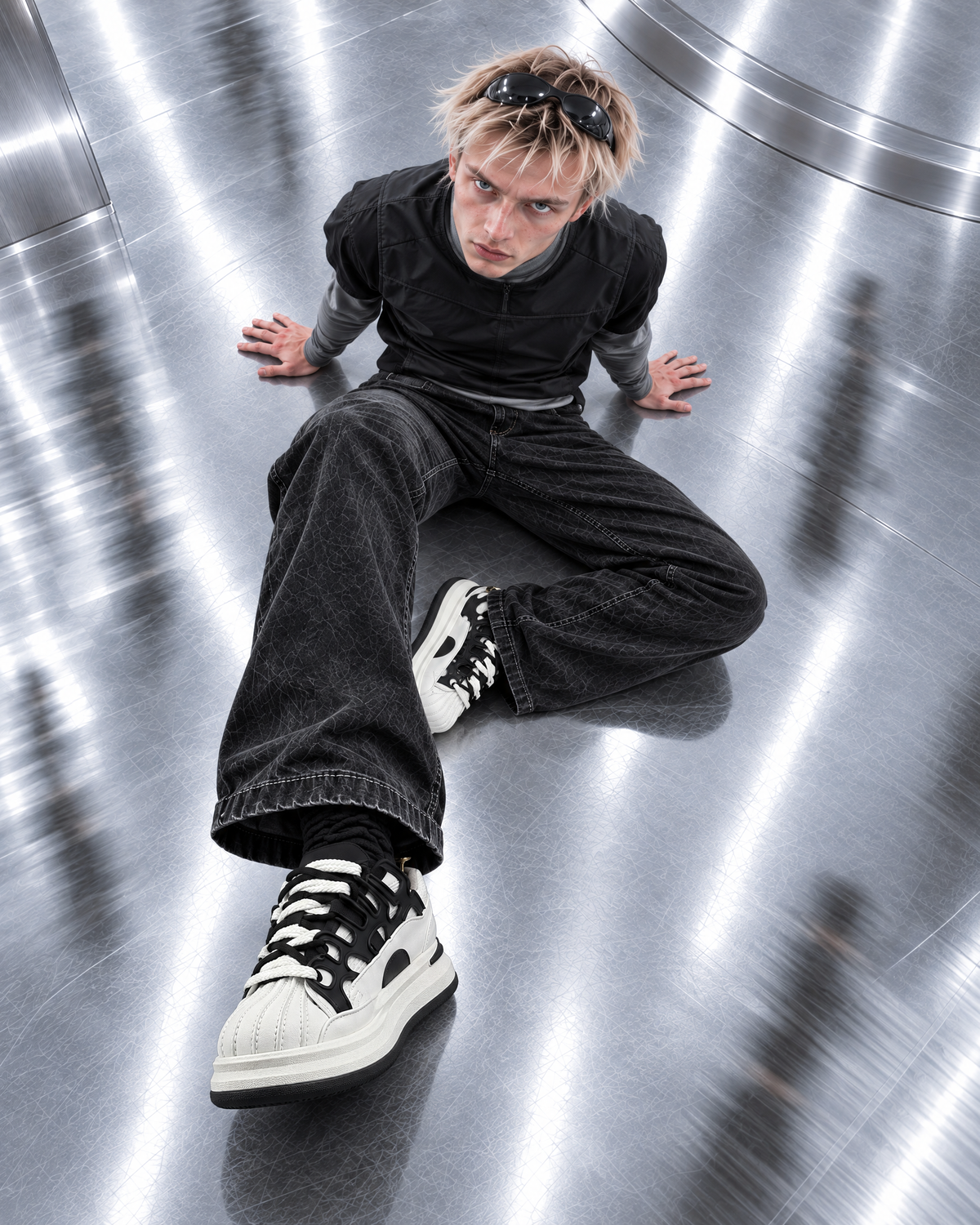 FUTURE MEMORY FM-006 男性モデル着用 俯瞰着座 WHITE × BLACK / 7CM LIFT