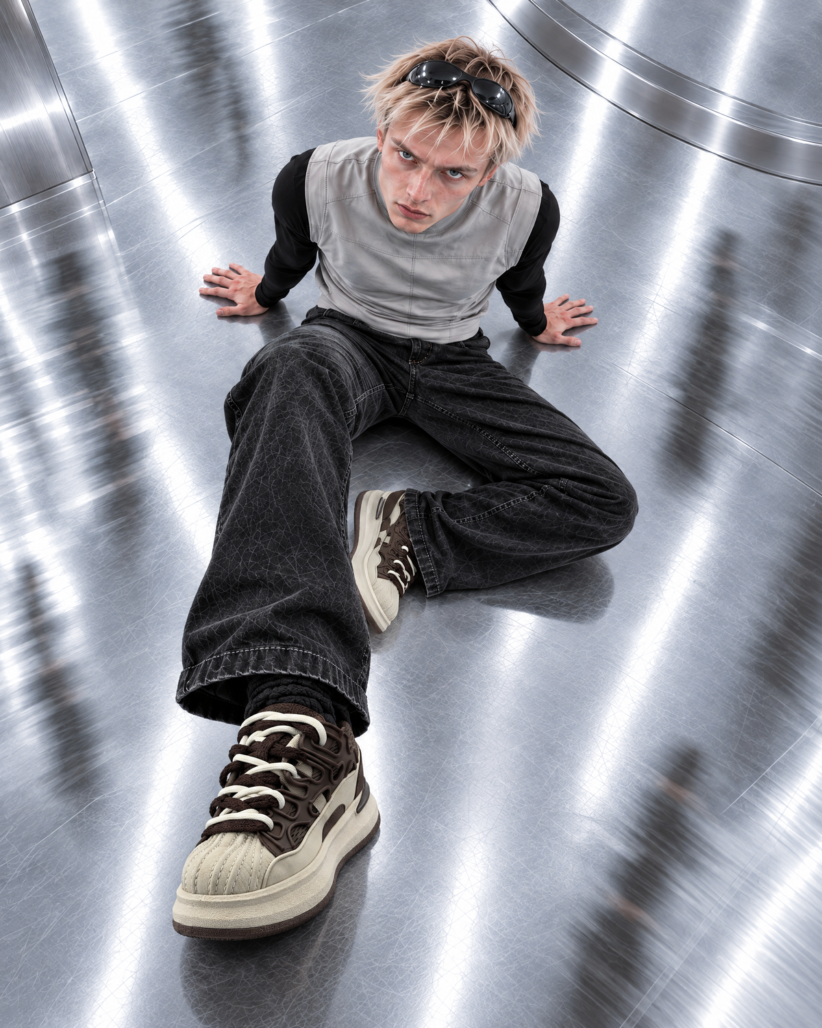 FUTURE MEMORY FM-006 男性モデル着用 俯瞰着座 BEIGE × BROWN / 7CM LIFT / FLEECE
