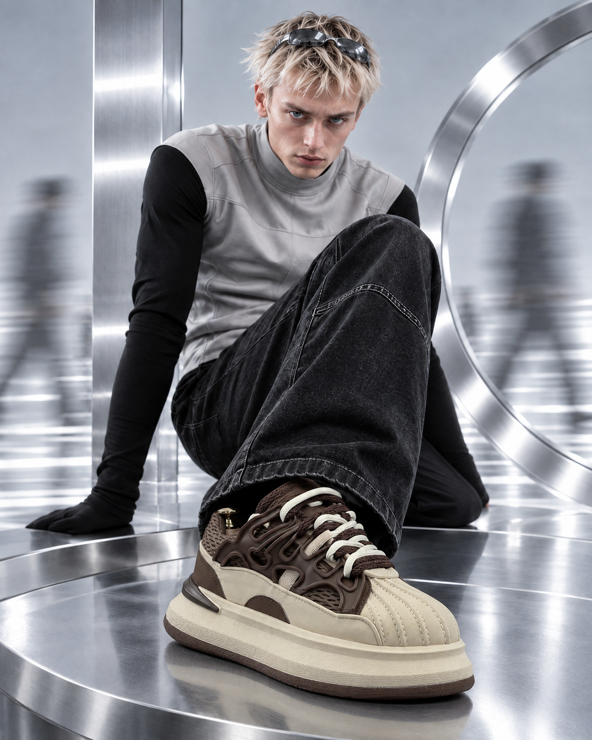 FUTURE MEMORY FM-006 男性モデル着用 ローアングル着座 BEIGE × BROWN / 7CM LIFT / FLEECE
